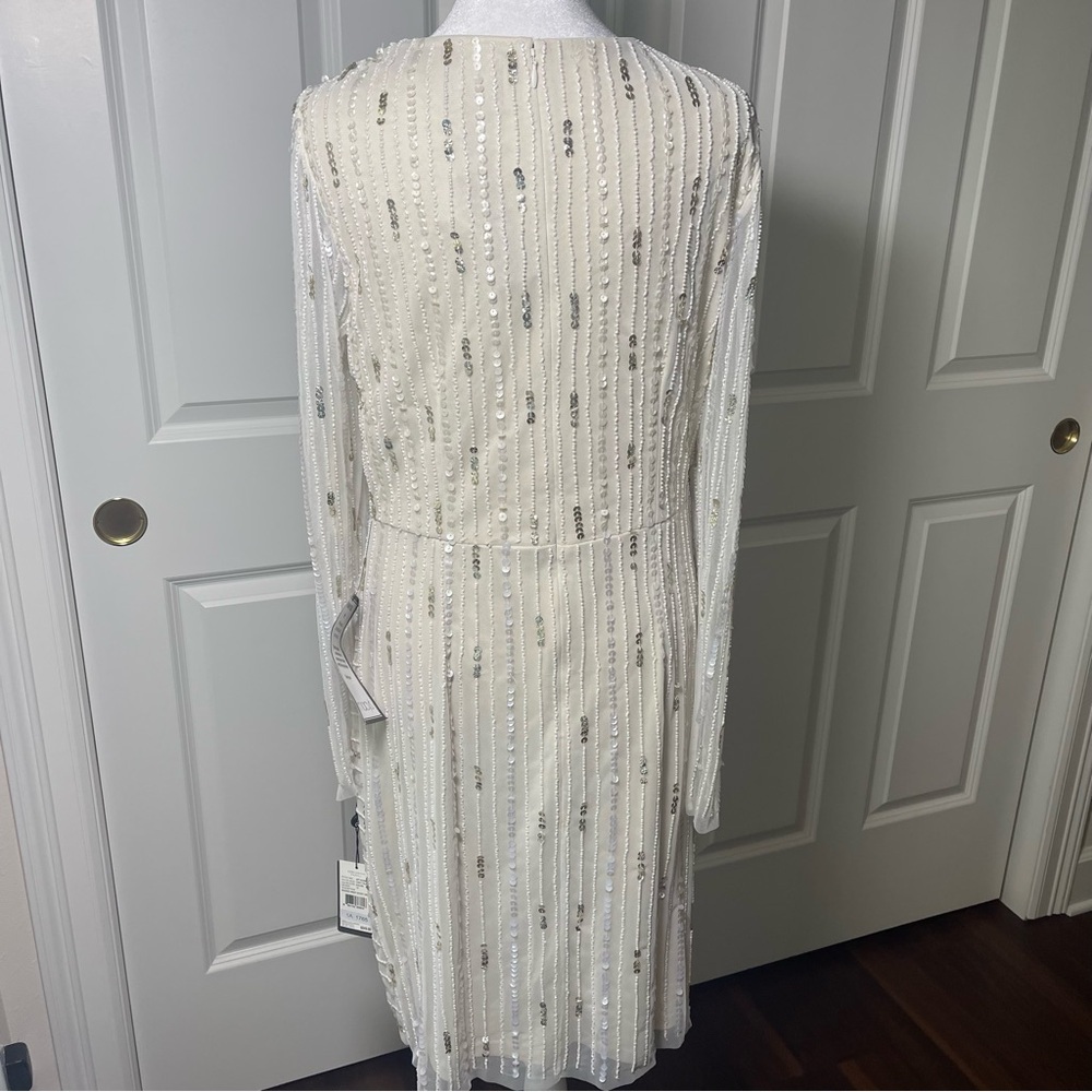 NWT Adrianna Papell White Beaded Sequins Embellished Dress Sheer Sleeves V-Neck - Picture 4 of 16
